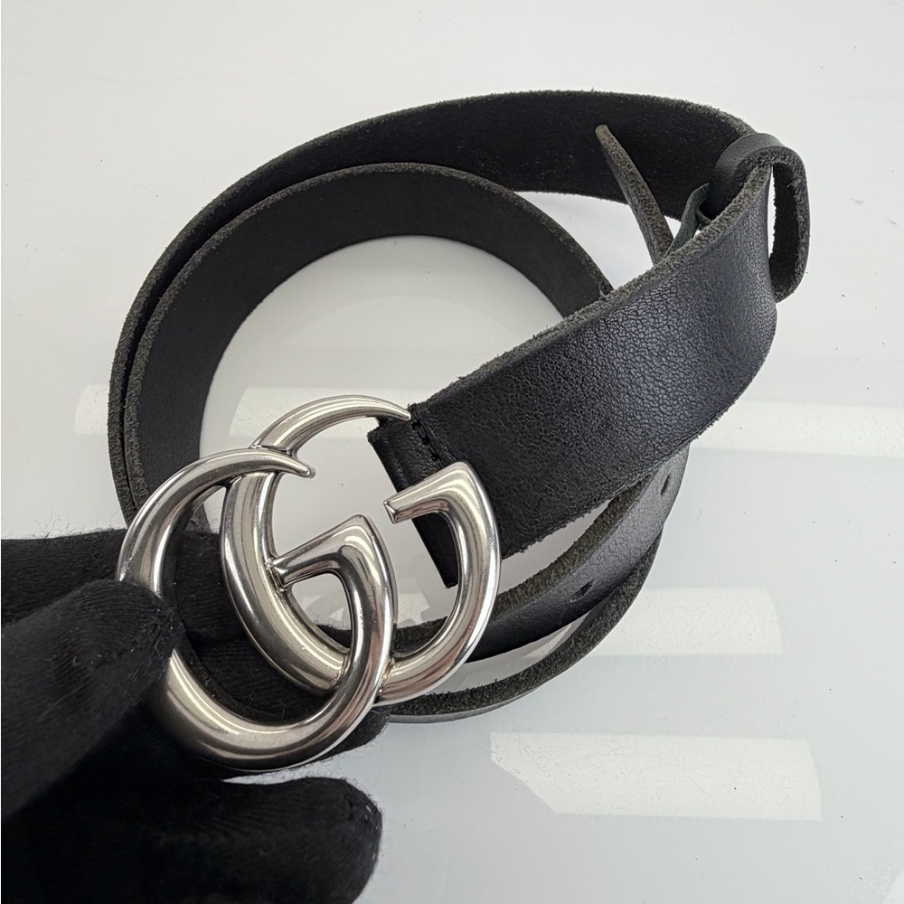 Gucci Black Raw Edge Leather Marmont Belt l Silver Buckle 414516 85/34 - Picture 3 of 11